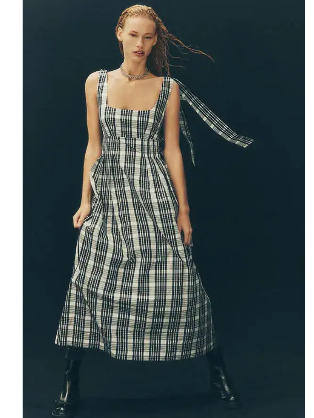 Anthropologie Maeve Square-Neck Tie-Strap Midi Dress Sz S Plaid Babydoll Grunge